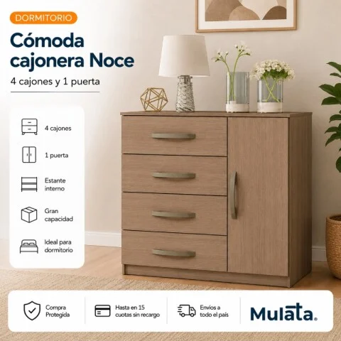 Cómoda Cajonera para Dormitorio de 4 Cajones y 1 Puerta en MDP - Noce en Beige - Cómodas, Uruguay | Mulata