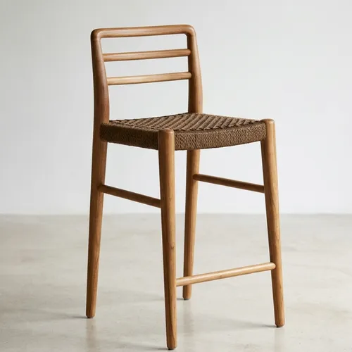 Banqueta en madera teca y mimbre trenzado en Madera natural - Butacas, banquetas y puffs, Uruguay | Entrecasa