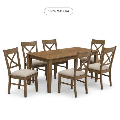 Juego De Comedor 6 Sillas Tapizadas Madera Maciza en Madera natural - Mesas de comedor, Uruguay | Soy Hogar