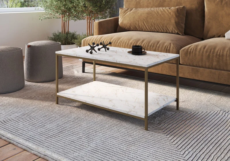 Mesa de Centro Ratona Rectangular Tapa Doble (Mármol y Hierro Dorado) en Blanco - Mesas de living, Uruguay | Berna Home, vista 4