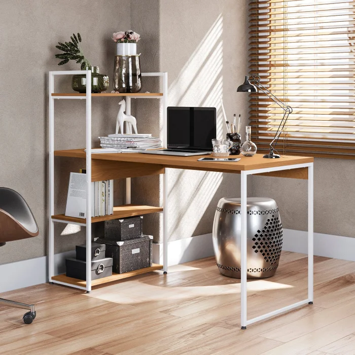 MESA DE ESCRITORIO CON ESTANTERIA LINEA INDUSTRIAL HIERRO en Madera natural - Bibliotecas, Uruguay | Balton, vista 5