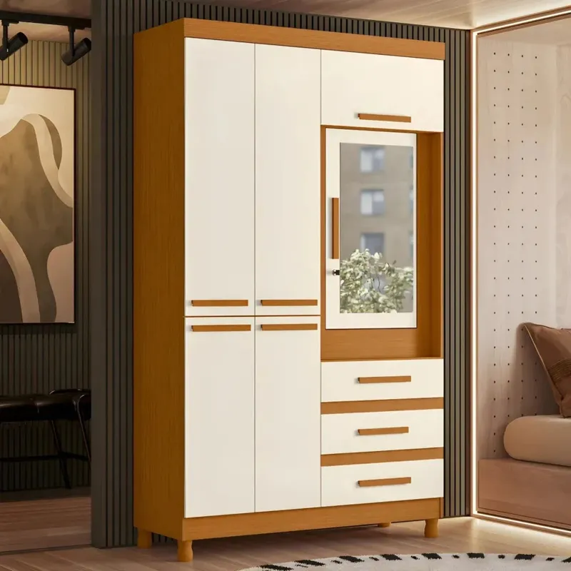Ropero con Espejo 6 puertas 3 Caj - Línea FIT - Beige en Beige - Roperos y placares, Uruguay | Ecowood