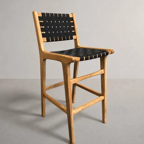 Banqueta en madera teca y cincha náutica negra en Madera natural - Butacas, banquetas y puffs, Uruguay | Entrecasa
