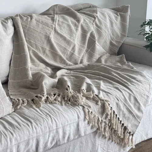 Manta para sillón y cama algodón Rayas Greige - 130cm en Gris - Textiles, Uruguay | Buho Store