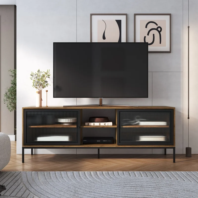 Rack con estantes y puertas de vidrio C/ marco negro color Noce Oro en Marrón - Muebles para TV, Uruguay | Champagne Home, vista 3