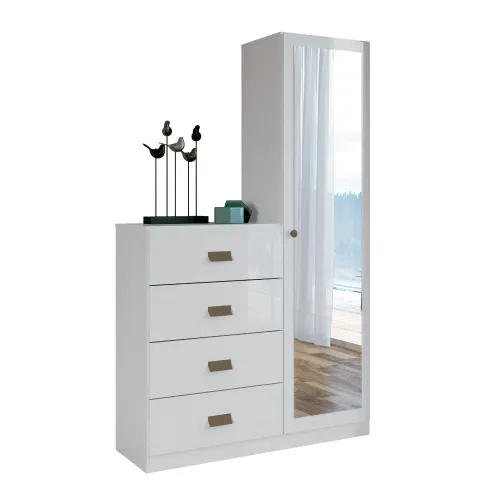 Comoda 4 Cajones 1 Puerta Con Espejo Cajonera Dormitorio Blanco - Cómodas, Uruguay | Soy Hogar