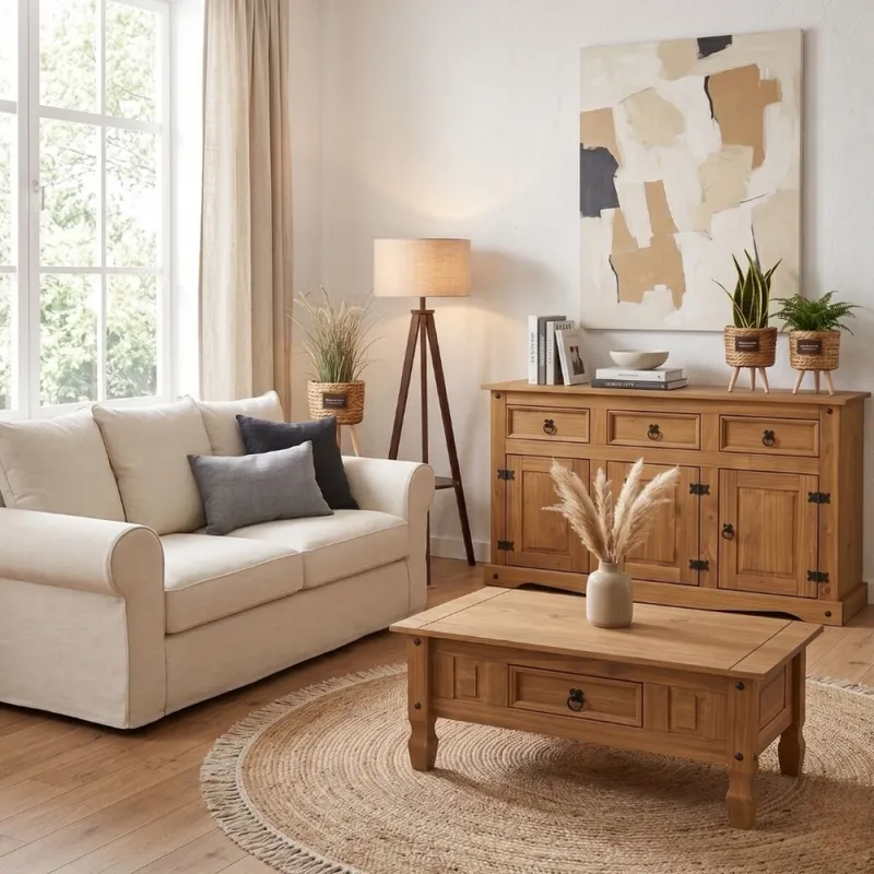 Promo Aparador + Mesa Ratona Linea Naturale - Blanco en Blanco/Roble - Mesas de living, Uruguay | La Cueva Muebles