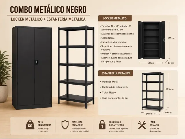 Combo Locker Metálico 2 Puertas Con Llave + Estantería Metálica 5 Estantes en Negro - Sillones y sofás, Uruguay | Que Sal Muebleria