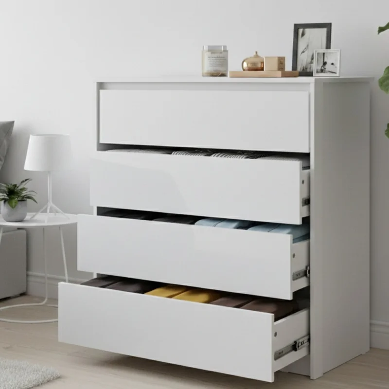 Comoda Cajonera Carla para Dormitorio 4 Cajones con Rieles Telescópicos - Blanco en Blanco - Cómodas, Uruguay | Mulata, vista 3