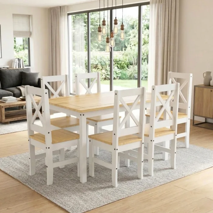 Juego de comedor 6 sillas - Madera maciza - Cruceta - Blanco en Blanco - Mesas de comedor, Uruguay | Rústico Hogar
