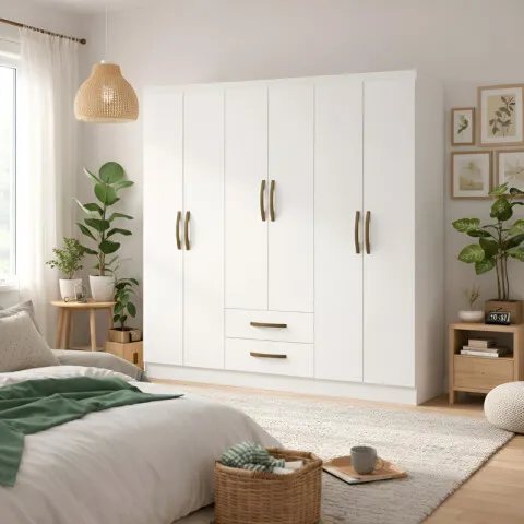 Armario Ropero Placard de 6 Puertas Línea Plus con 2 Cajones y Perchero Horizontal - MDP - Blanco en Blanco - Roperos y placares, Uruguay | Mulata