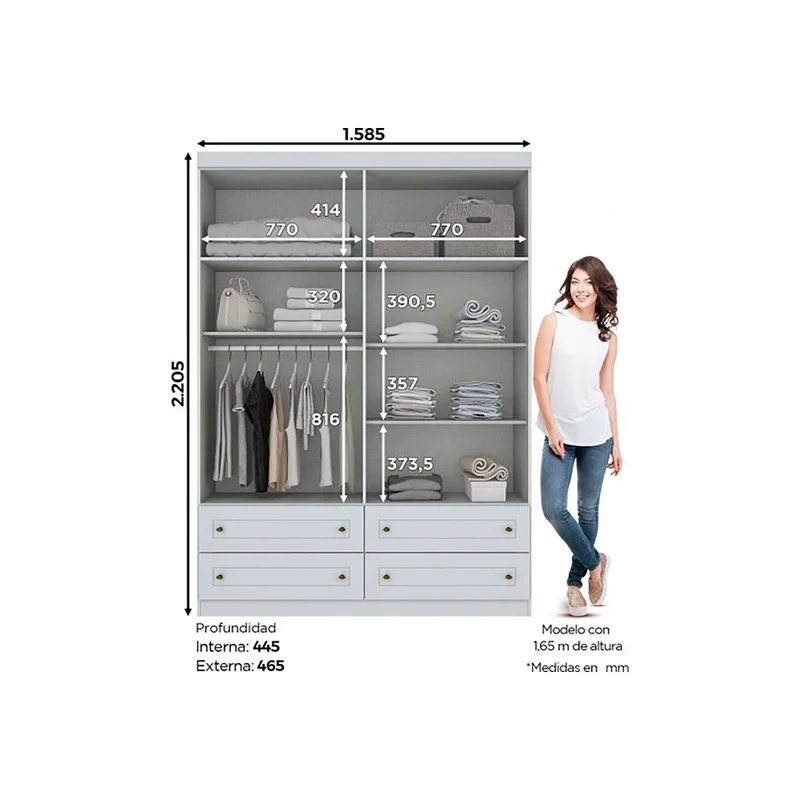 Placard Ropero 4 Puertas Mdf-y-mdp Blanco Americano en Blanco - Roperos y placares, Uruguay | Divino, vista 3