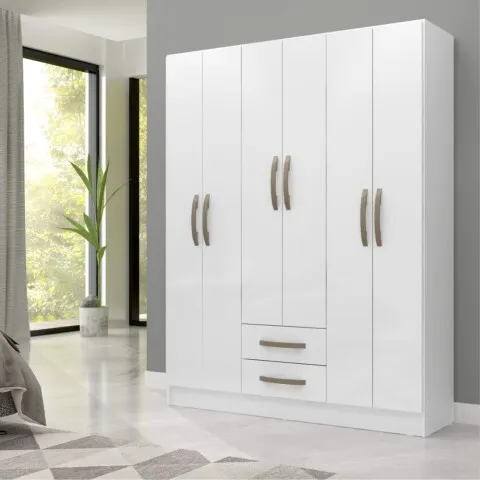 Ropero Armario 6 puertas 2 cajones con estantes y perchero interior natural 172X136X35 - Blanco en Blanco - Roperos y placares, Uruguay | Mulata