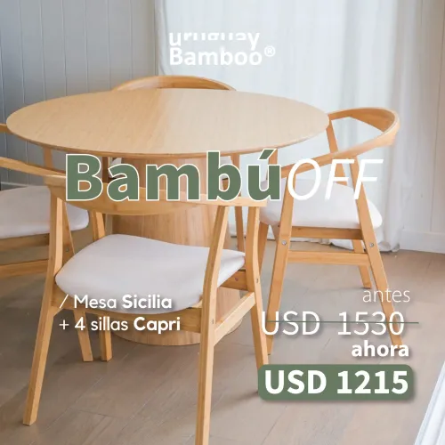 Mesa Sicilia + 4 sillas Capri en Madera natural - Muebles, Uruguay | Uruguay Bamboo