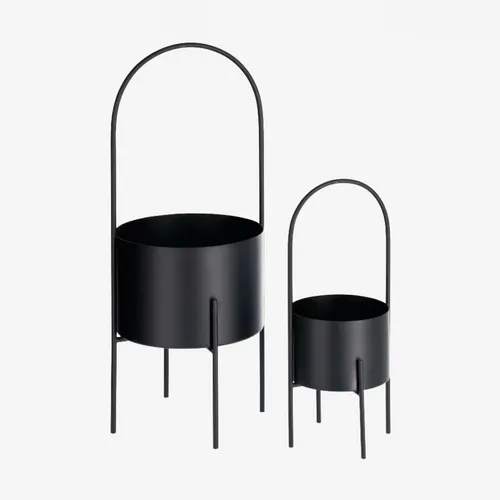 Set redondo Mash de 2 maceteros con asa metal negro Ø 25 cm / Ø 16,5 cm en Negro - Macetas, Uruguay | Kavehome