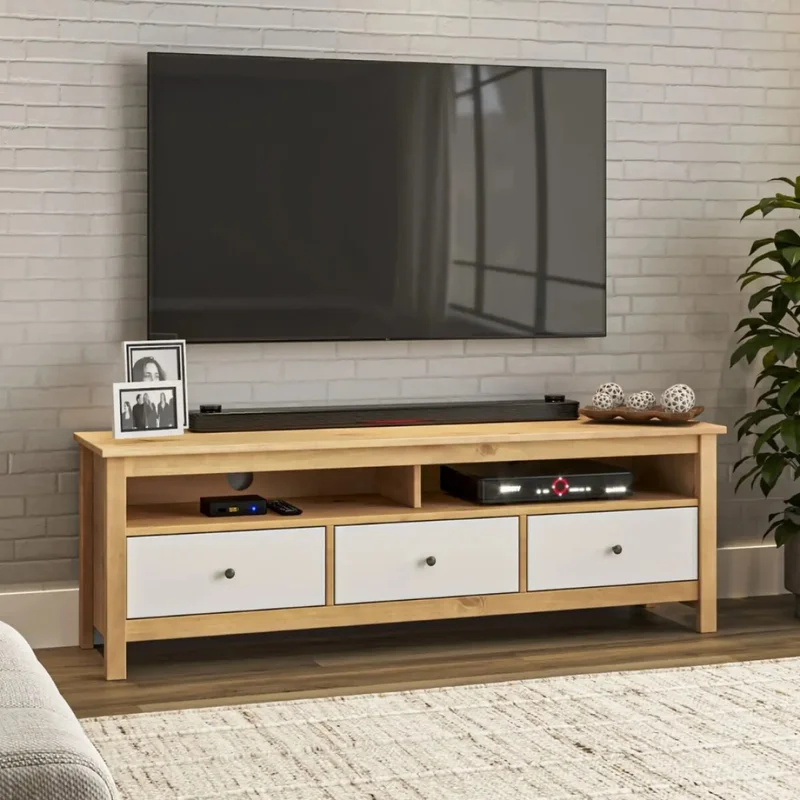 Rack TV 3 Cajones Madera Natural - Mari - Blanco en Blanco - Muebles para TV, Uruguay | Rústico Hogar, vista 4