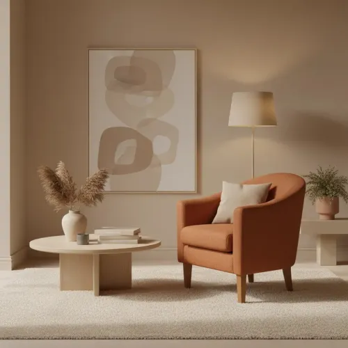 Poltrona patas de madera tapizada en tela color ladrillo en Terracota, Uruguay | Champagne Home