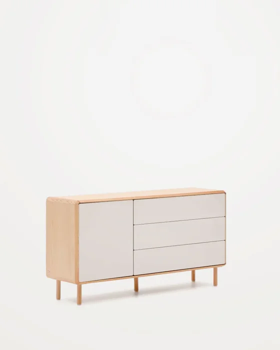 Aparador Anielle - 1 puerta y 3 cajones de madera maciza y chapa de fresno 150 x 78 cm en Blanco - Aparadores y recibidores, Uruguay | Kavehome