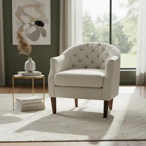 POLTRONA CAPITONEADA - TELA TRAMADA BEIGE en Beige - Butacas, banquetas y puffs, Uruguay | Champagne Home