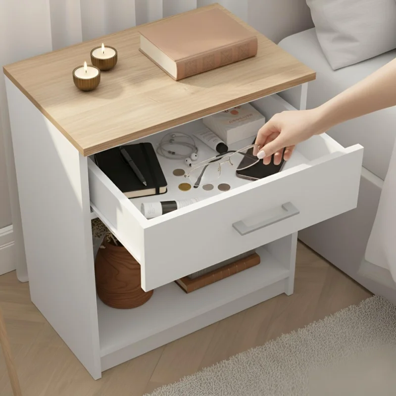 Mesa de Luz Italia - 1 Cajón y Nicho - MDP y ABS - 55cm Alto - Blanco / Miel en Blanco - Respaldos de cama, Uruguay | Mulata, vista 3