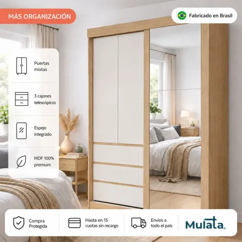 Ropero Armario Bagdá MDF 100% Premium Puertas Mixtas 2 Batientes y 1 Corrediza 3 Cajones y Espejo - Castaño Off White - Roperos y placares, Uruguay | Mulata