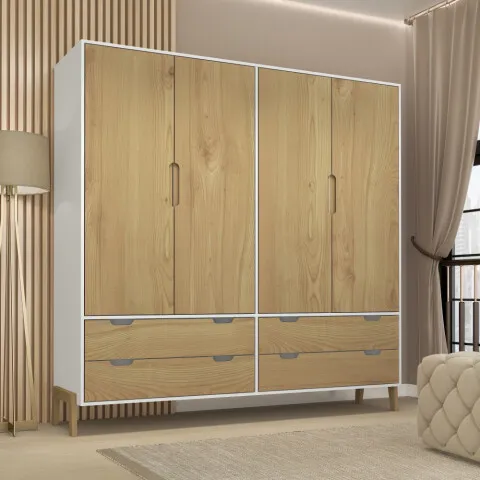 Ropero Armario de 4 Puertas, 2 Percheros y 4 Cajones en MDP - Madera - Línea Melilla - Blanco en Blanco - Roperos y placares, Uruguay | Mulata