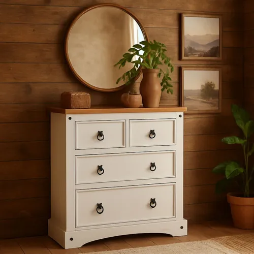 Cómoda 4 Cajones Línea Naturale - Blanco/Roble en Multicolor - Cómodas, Uruguay | La Cueva Muebles