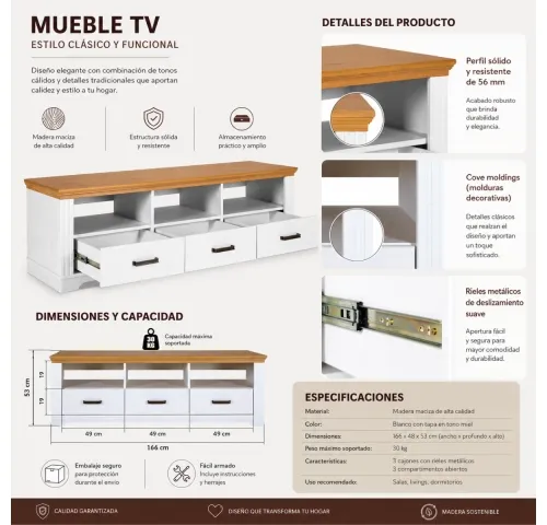 Rack TV hasta 65" madera maciza en Blanco - Sillones y sofás, Uruguay | Que Sal Muebleria