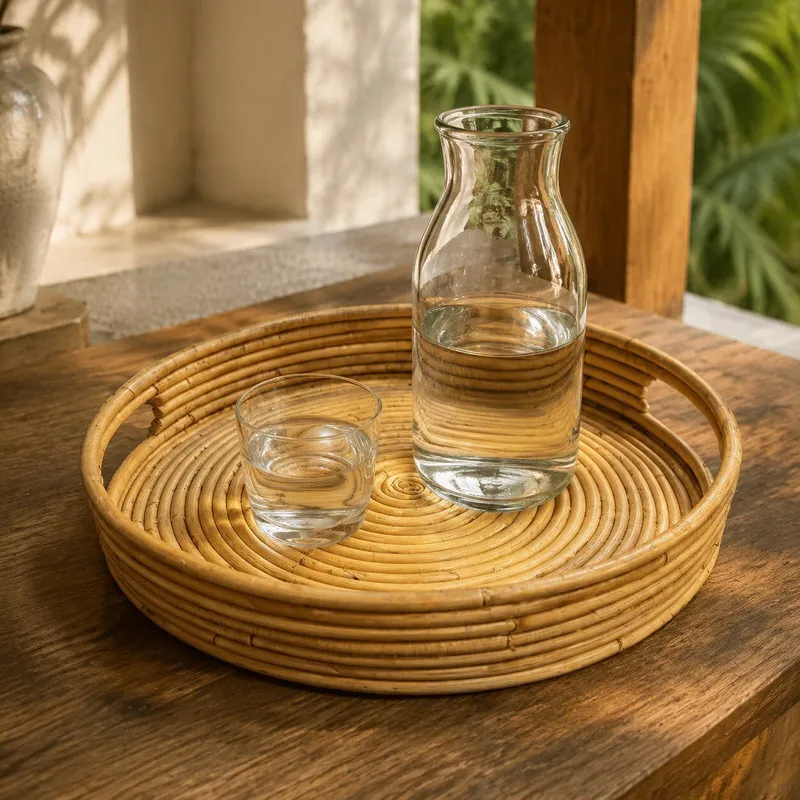 Bandeja Rattan Redonda en Madera natural - Decoración, Uruguay | Camino a Casa