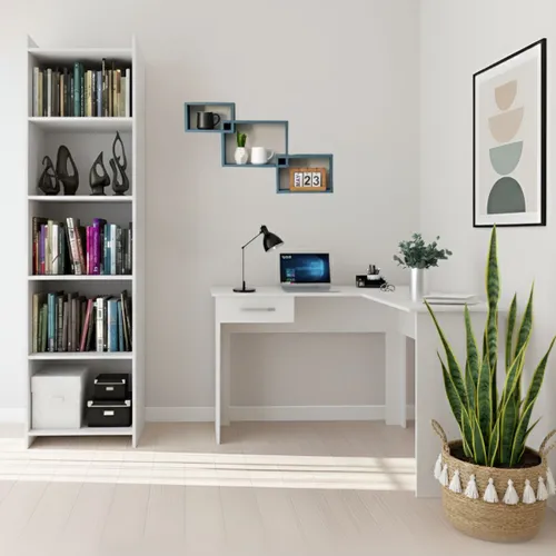 Promo Escritorio Esquinero + Biblioteca 5 Estantes - Blanco en Blanco - Bibliotecas, Uruguay | La Cueva Muebles