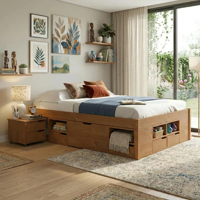 Cama Madera Maciza Con Cajones - Queen - Natural en Marrón - Dormitorio, Uruguay | Ecowood