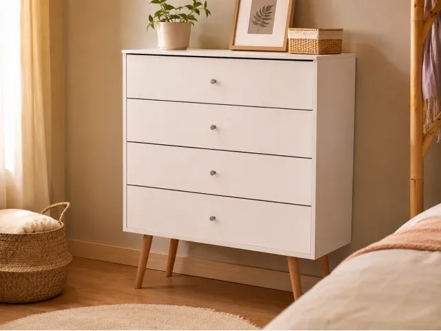 Comoda 4 cajones Retro Blanco en Blanco - Cómodas, Uruguay | Que Sal Muebleria
