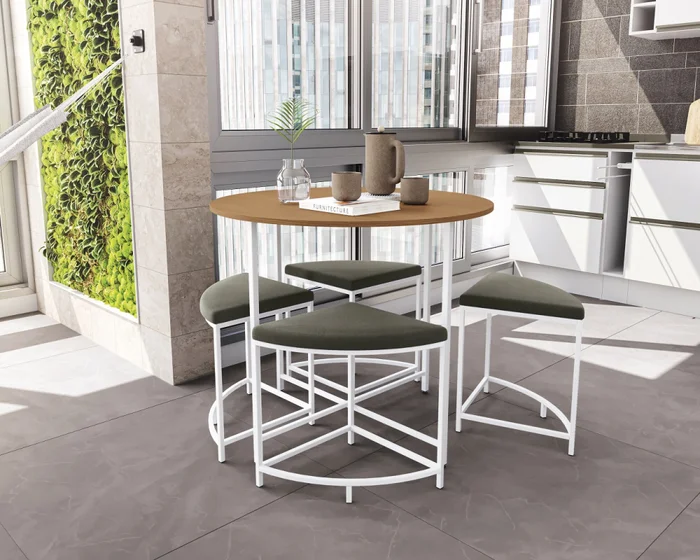 Mesa redonda 90 diámetro con 4 bancos canela y Blanco en Multicolor - Mesas de comedor, Uruguay | Champagne Home, vista 2