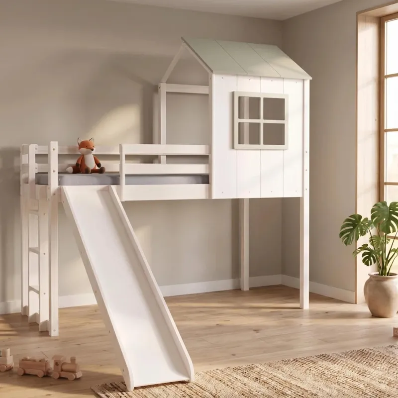 Cama Casita Cabaña 1 Plaza Infantil + Tobogan - Blanco en Blanco - Dormitorio, Uruguay | Ecowood