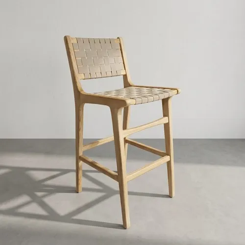 Banqueta en madera teca y cincha náutica beige en Madera natural - Butacas, banquetas y puffs, Uruguay | Entrecasa