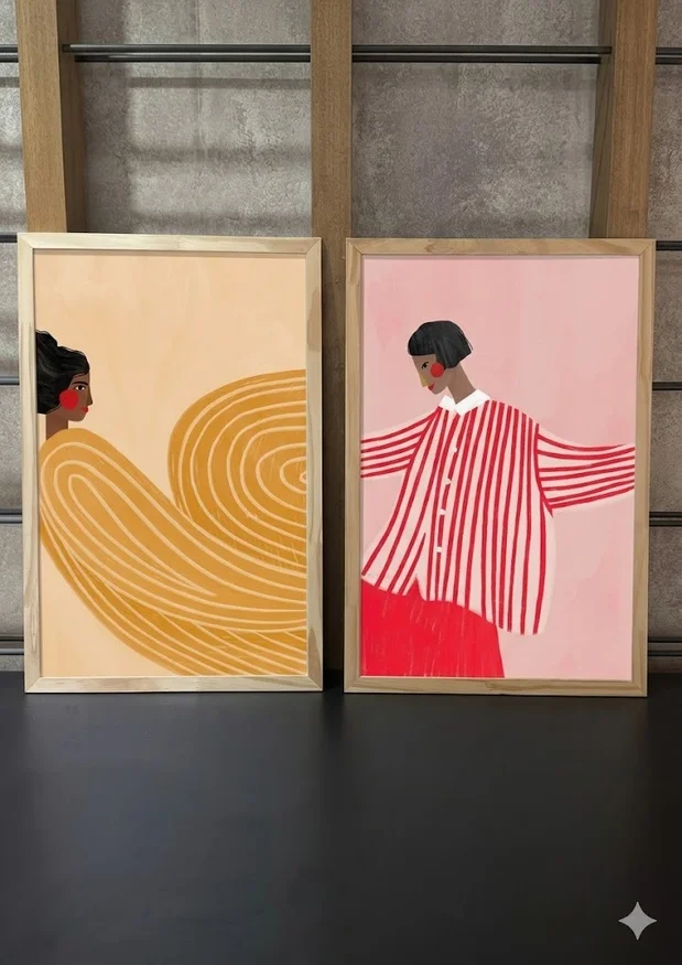 Kit 2 Cuadros – Miradas en Curva – 30 X 40 en Marrón / Amarillo / Rosa / Rojo – Material Marco: Pino – Moldura Caja - Decoración de pared, Uruguay | Berna home, vista 2