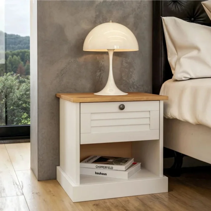 Mesa de Luz - 1 Cajon - 1 Estante - Línea Oslo - Blanco en Blanco - Mesas de luz, Uruguay | Ecowood