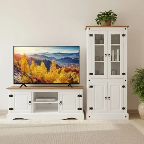 Promo Rack de Tv + Biblioteca con Cristalero Línea Naturale - Blanco en Blanco - Muebles para TV, Uruguay | La Cueva Muebles
