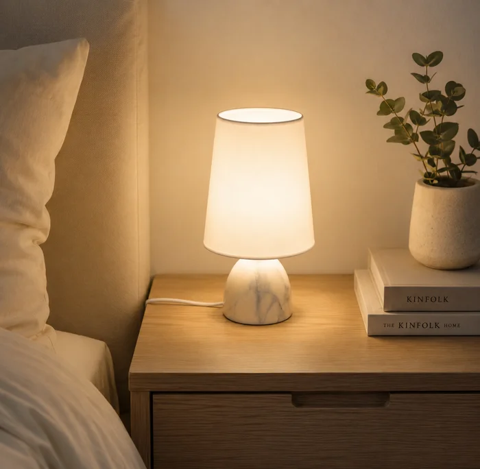Portatil de Mesa Blanca con  Pantalla y Base Efecto Mármol E14 en Blanco - Lámparas de mesa, Uruguay | Bascuhouse