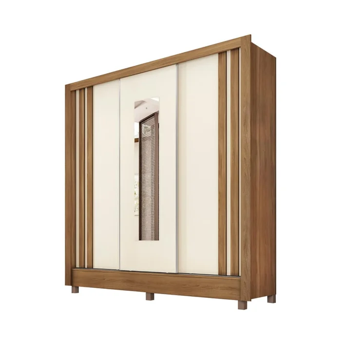 Ropero 3 Puertas 2 Cajones Con Espejo Y Rieles Metalicos Mdp Almendra Off White - Roperos y placares, Uruguay | Lais Muebles