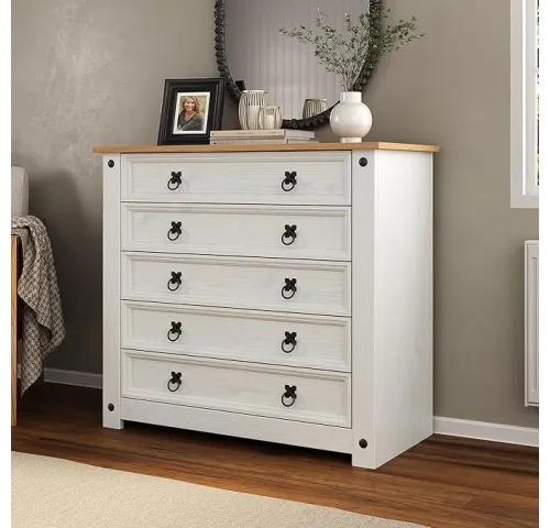 Comoda 5 cajones Cera/Blanco LINEA CORONA MADERA en BLANCO CERA - Cómodas, Uruguay | Que Sal Muebleria