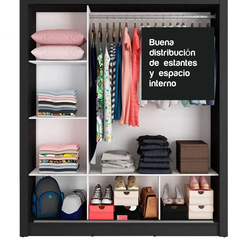 Ropero Placard Matrimonial Monaco 170CM con 2 Espejos 3 Puertas Corredizas en Negro/Rustico - Roperos y placares, Uruguay | Balton, vista 18