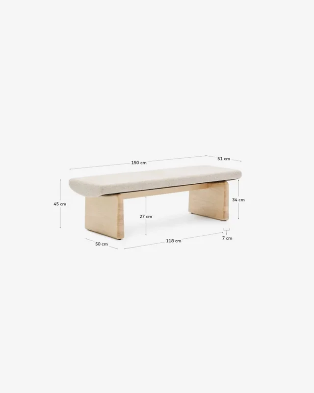 Banco Topaz de chenilla beige y madera maciza de fresno - con acabado natural 150cm FSC 100% en Beige - Butacas, banquetas y puffs, Uruguay | Kavehome, vista 8