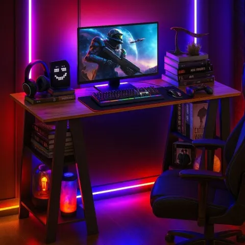 Escritorio Gamer Minimal con Caballete y Estantes – Diseño Nogal/Grafito en Multicolor - Escritorios y sillas de escritorio, Uruguay | Mulata