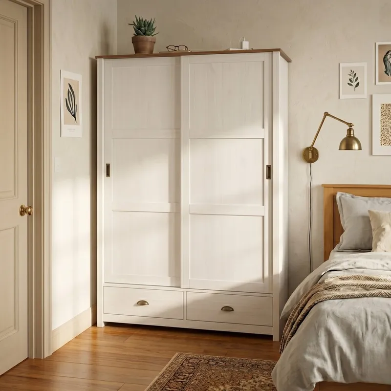 Ropero 2 puertas corredizas 2 cajones - Madera maciza - Blanco en Blanco - Roperos y placares, Uruguay | Rústico Hogar