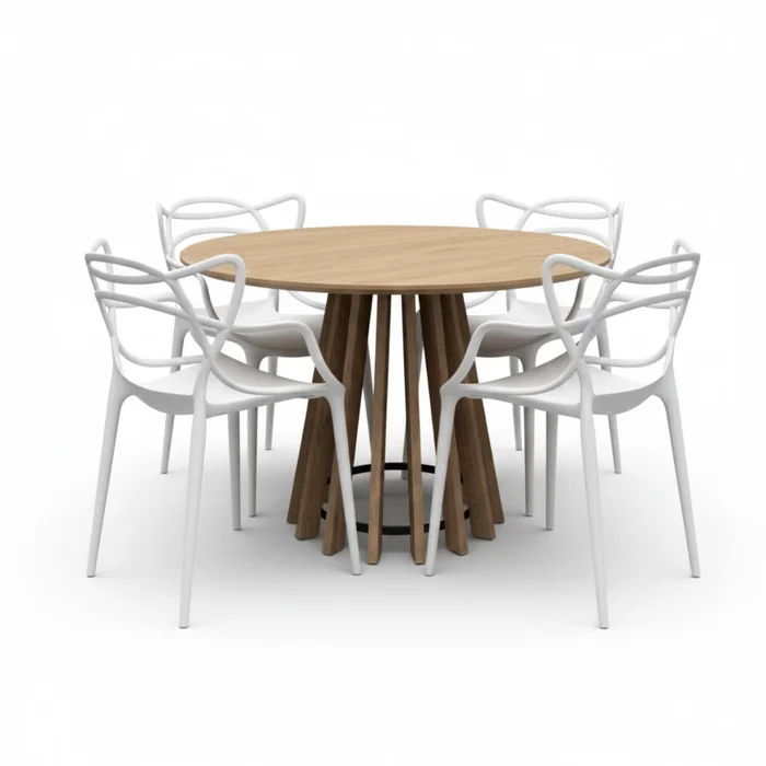 Juego de Comedor Mesa Redonda Pipa 110 cm + 4 Sillas Allegras - Olmo / Blanco en Madera natural - Sillas, Uruguay | Berna home