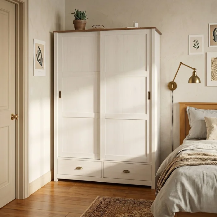 Ropero 2 puertas corredizas 2 cajones - Madera maciza - Blanco en Blanco - Roperos y placares, Uruguay | Rústico Hogar