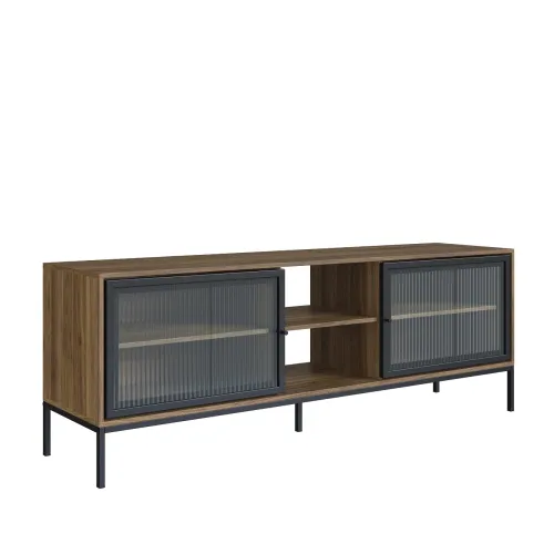 Rack con estantes y puertas de vidrio C/ marco negro color Noce Oro - Muebles para TV, Uruguay | Champagne Home