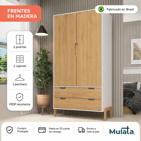 Ropero Armario de 2 Puertas, Perchero y 2 Cajones en MDP - Madera - Línea Melilla - Blanco en Blanco - Roperos y placares, Uruguay | Mulata
