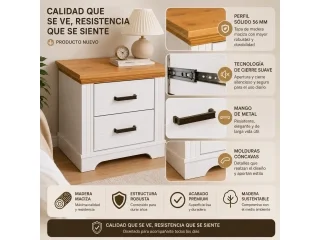 Mesa de luz en madera maciza 2 cajones en Blanco - Mesas de luz, Uruguay | Quesal, vista 4